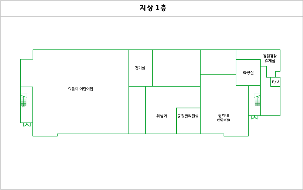 왼쪽부터 시계방향으로 의돌이어린이집, 전기실, 화장실, 발간실, 청경휴게실, E/V, 연금매점, 공원관리원실, 위생과, 교육장이 있습니다.